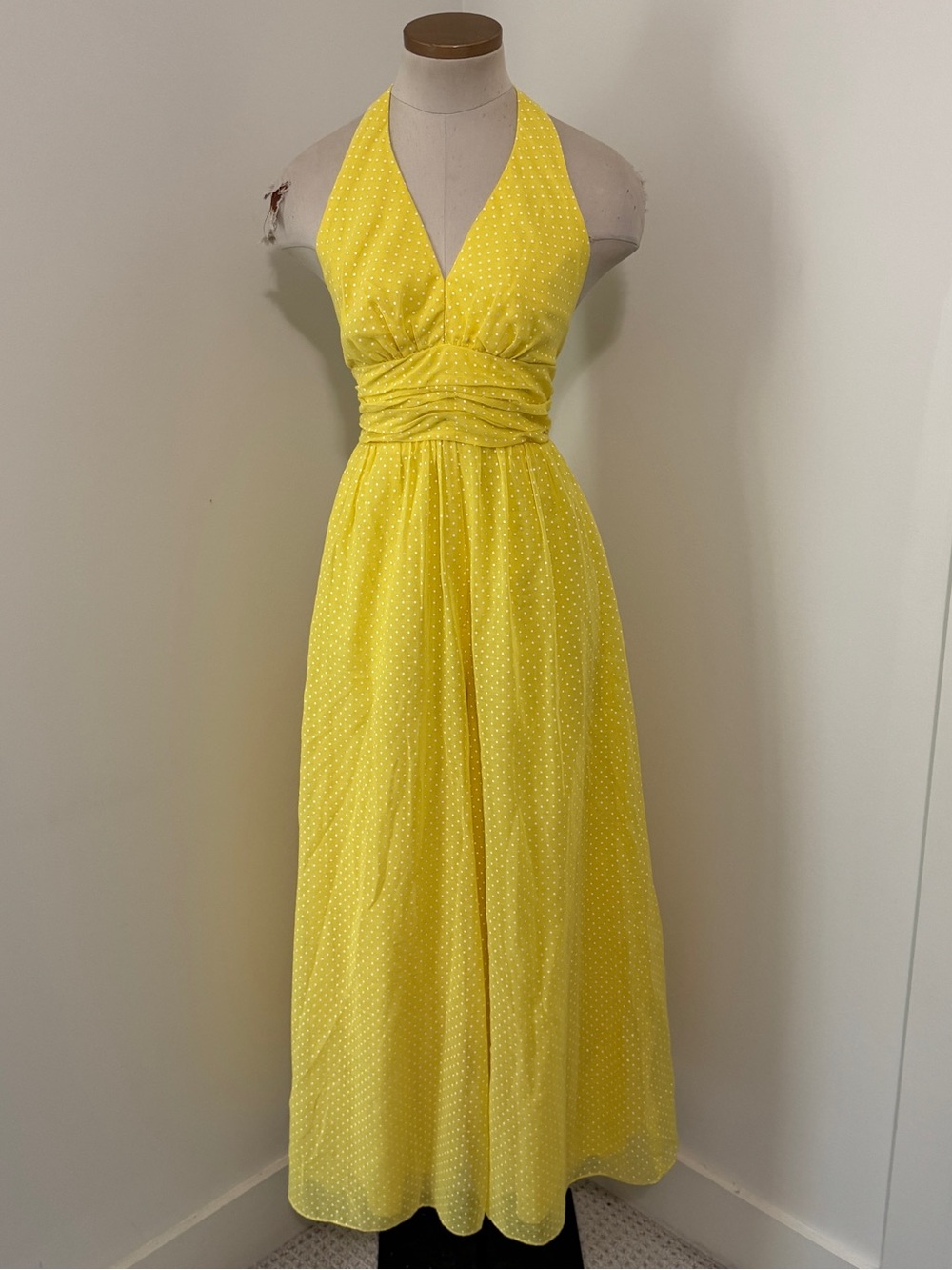 Vintage Miss Elliette XS Yellow Polka Dot Halter Wide Leg Jumpsuit Pinup Retro